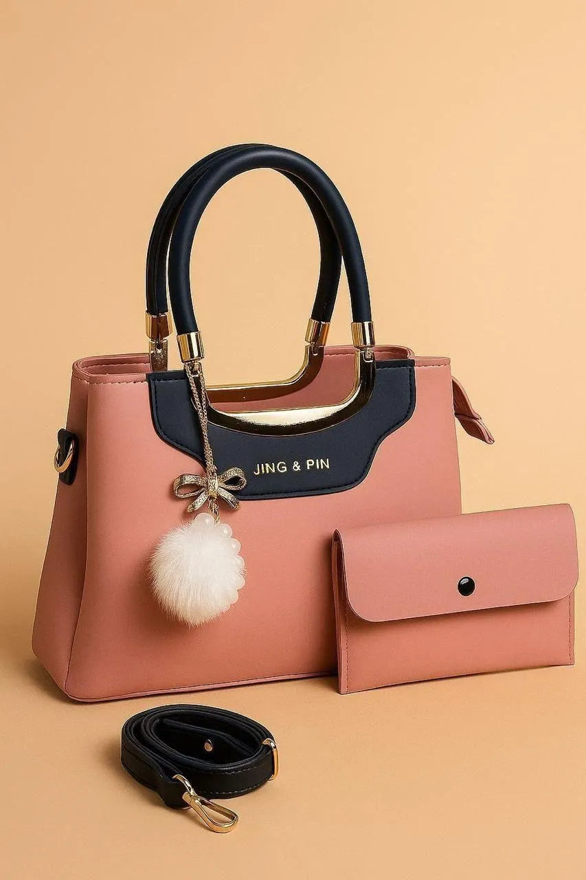 Pink & Navy Handbag Set with Wallet & Strap