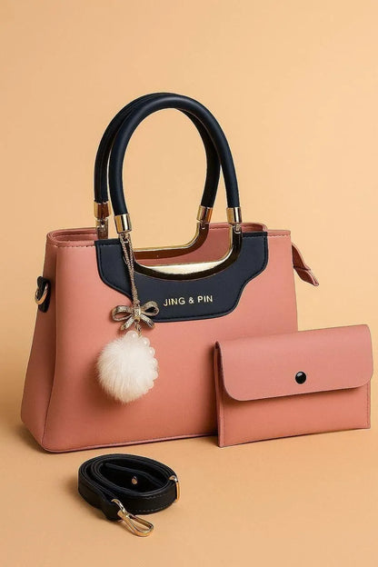 Pink & Navy Handbag Set with Wallet & Strap