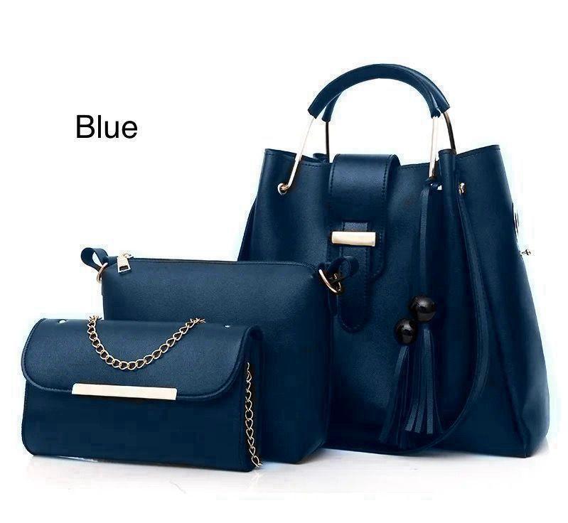 Premium Quality 3-Piece Black Leather Handbag Set for Women